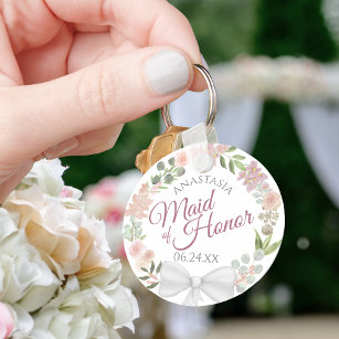 Maid of Honour Rustic Pink Floral Wreath Wedding Key Ring