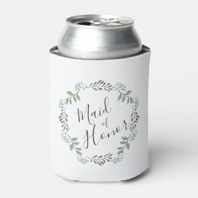 Maid of Honour Sage Greenery Wreath Wedding Can Cooler (Can Front)