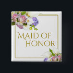 Maid of Honour Spring Floral Bouquet Wedding 15 Cm Square Badge<br><div class="desc">This Maid of Honour button makes a great gift or favour for the most special member of your wedding party, and is perfect for her to wear at your bridal shower or rehearsal dinner. It features an elegant chic design with a gold border and a bouquet of spring flowers including...</div>