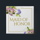 Maid of Honour Spring Floral Bouquet Wedding 15 Cm Square Badge<br><div class="desc">This Maid of Honour button makes a great gift or favour for the most special member of your wedding party, and is perfect for her to wear at your bridal shower or rehearsal dinner. It features an elegant chic design with a gold border and a bouquet of spring flowers including...</div>