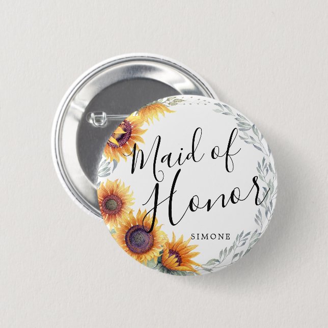 Maid of Honour Sunflower Florals Custom Wedding 6 Cm Round Badge (Front & Back)