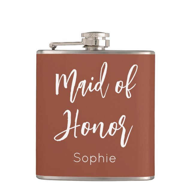 Maid of Honour Terracotta Brown Bridesmaid  Hip Flask (Front)