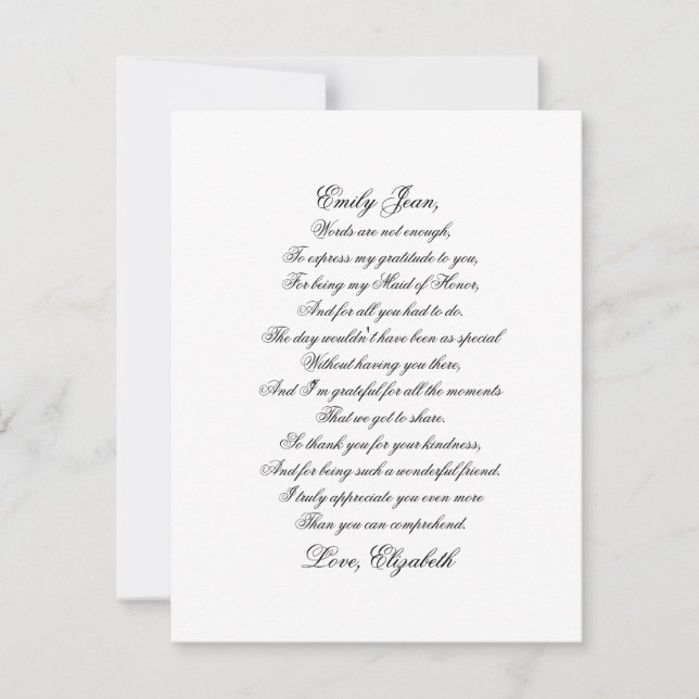 Maid of Honour Thank You Script Poem Card (Front)
