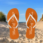 Maid of Honour Trendy Burnt Orange Colour Flip Flops<br><div class="desc">Gift your wedding bridesmaids with these stylish Maid of Honour flip flops that are a trendy,  burnt orange colour along with white,  stylised script to complement your similar wedding colour scheme. Select foot size along with other options. You may customise your flip flops to change colour to your desire.</div>