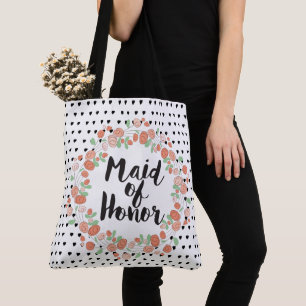 Maid of Honour Typography Coral Pink Rose Wreath Tote Bag