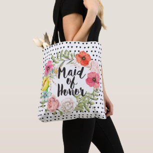 Maid of Honour  Typography Watercolor Floral Wreat Tote Bag