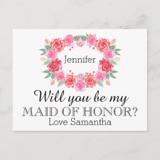 Maid of Honour watercolor floral wreath Invitation Postcard