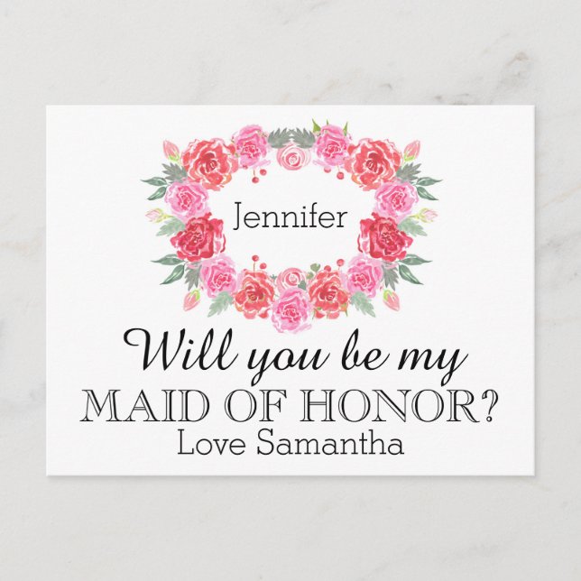Maid of Honour watercolor floral wreath Invitation Postcard (Front)