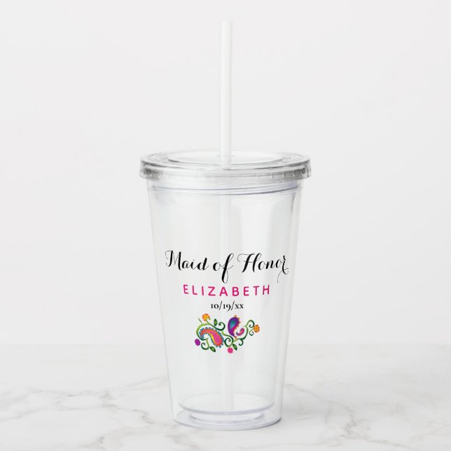 Maid of Honour Wedding Colourful Pink Paisley Flor Acrylic Tumbler (Front)