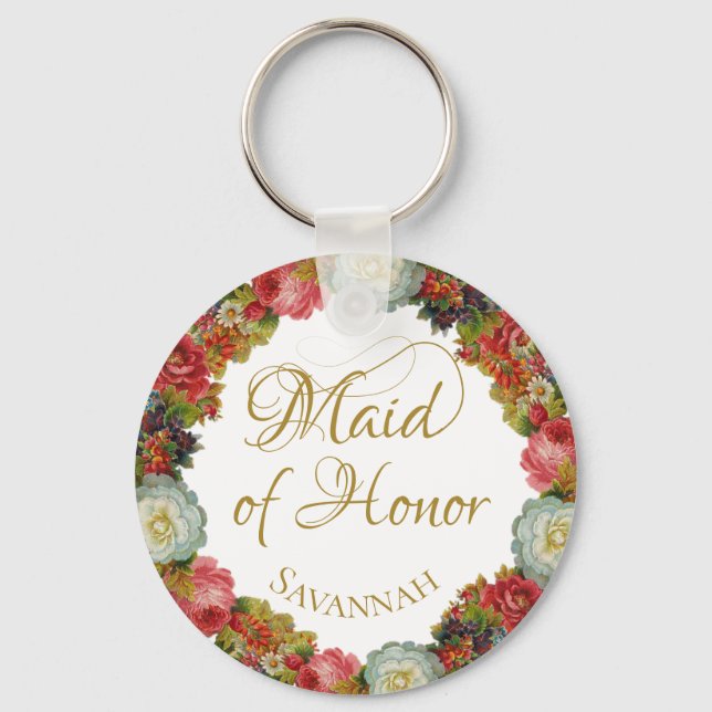 Maid of Honour Wedding Favour Autumn Flowers Key Ring (Front)