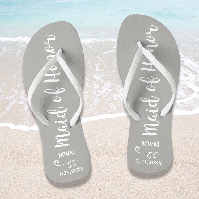 Maid of Honour Wedding Favour Name Monogram Grey Flip Flops (Creator Uploaded)