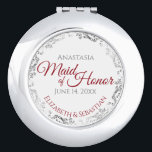 Maid of Honour Wedding Gift Crimson Red Silver Lac Compact Mirror<br><div class="desc">This compact mirror is designed to give as a gift or favour to the Maid of Honour in your wedding party. It features a simple yet elegant design with a white background, crimson red script lettering, and a silver faux foil floral lace border. Perfect way to thank her for being...</div>