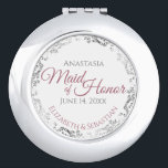 Maid of Honour Wedding Gift Dusty Rose Silver Lace Compact Mirror<br><div class="desc">This compact mirror is designed to give as a gift or favour to the Maid of Honour in your wedding party. It features a simple yet elegant design with a white background, dusty rose or mauve pink script lettering, and a silver faux foil floral lace border. Perfect way to thank...</div>