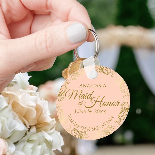 Maid of Honour Wedding Gift Gold Frills Coral Peac Key Ring (Creator Uploaded)