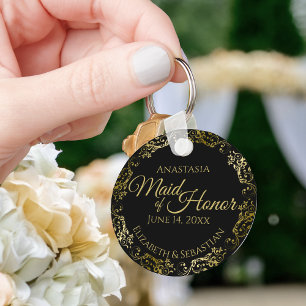 Maid of Honour Wedding Gift Gold Frills on Black Key Ring