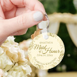 Maid of Honour Wedding Gift Gold Frills on Cream Key Ring<br><div class="desc">These keychains are designed to give as favours to the Maid of Honour in your wedding party. They feature a simple yet elegant design with an ivory or cream coloured background, gold text, and a lacy golden faux foil floral border. The text reads "Maid of Honour" with space for her...</div>