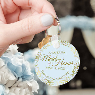 Maid of Honour Wedding Gift Gold Frills & Pale Blu Key Ring