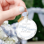 Maid of Honour Wedding Gift Light Blue & Grey Lacy Key Ring<br><div class="desc">These keychains are designed to give as favours to the Maid of Honour in your wedding party. Designed to coordinate with our Blue & Grey Elegant Wedding Suite, they feature a simple yet elegant design with a white background, light blue & Grey text, and a silver faux foil floral border....</div>