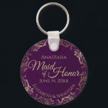 Maid of Honour Wedding Gift Plum Purple & Gold Key Ring<br><div class="desc">These keychains are designed to give as favours to the Maid of Honour in your wedding party. They feature a simple yet elegant design with a deep plum purple coloured background, gold text, and a lacy golden faux foil floral border. The text reads "Maid of Honour" with space for her...</div>