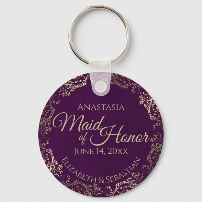 Maid of Honour Wedding Gift Plum Purple & Gold Key Ring (Front)