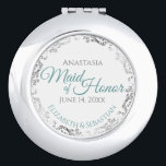 Maid of Honour Wedding Gift Teal & Silver Lace Compact Mirror<br><div class="desc">This compact mirror is designed to give as a gift or favour to the Maid of Honour in your wedding party. It features a simple yet elegant design with a white background, teal or turquoise coloured script lettering, and a silver faux foil floral lace border. Perfect way to thank her...</div>