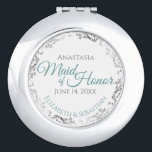 Maid of Honour Wedding Gift Teal & Silver Lace Compact Mirror<br><div class="desc">This compact mirror is designed to give as a gift or favour to the Maid of Honour in your wedding party. It features a simple yet elegant design with a white background, teal or turquoise coloured script lettering, and a silver faux foil floral lace border. Perfect way to thank her...</div>