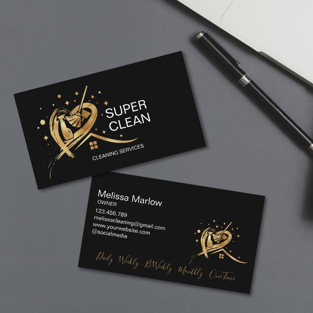 Maid Residential and Commercial Cleaning Duster Bu Business Card (gold cleaning logo with cleaning tools in the heart)
