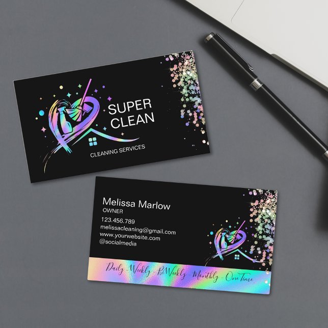Maid Residential and Commercial Cleaning Janitor Business Card (holographic cleaning logo with tools in a heart shaped strokes)