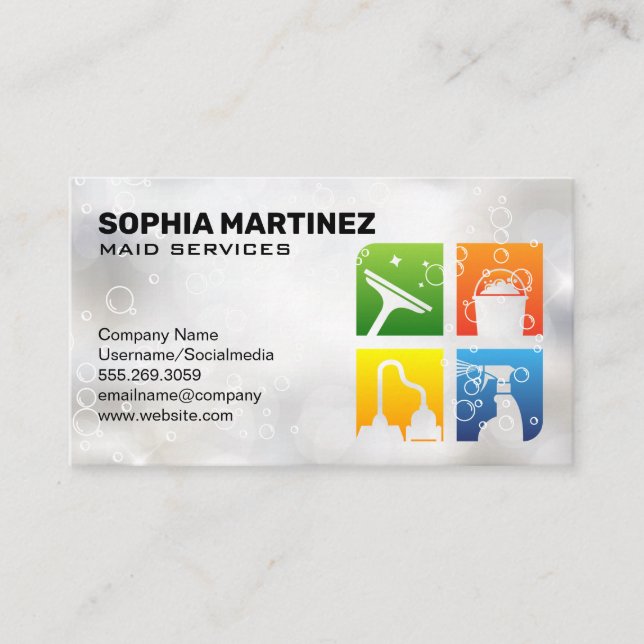 Maid Service | Cleaning Icons | Sparkly Bubbles Business Card (Front)