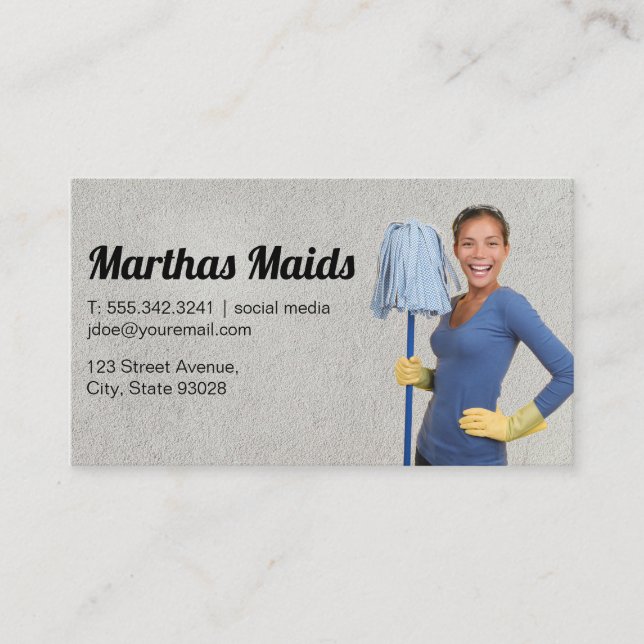 Maid Service | Cleaning Lady Holding Mop Business Card (Front)