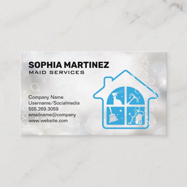 Maid Service Icons | Cleaning Bubbles Business Card (Front)