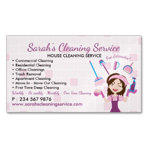 Maid Services Pink Janitorial Lady House Cleaning Magnetic Business Card
