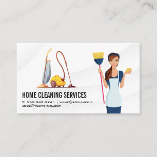 Maid with Broom and Cleaning Tools Business Card