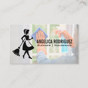 Maid with Broom   House Keeper Cleaning Window Business Card
