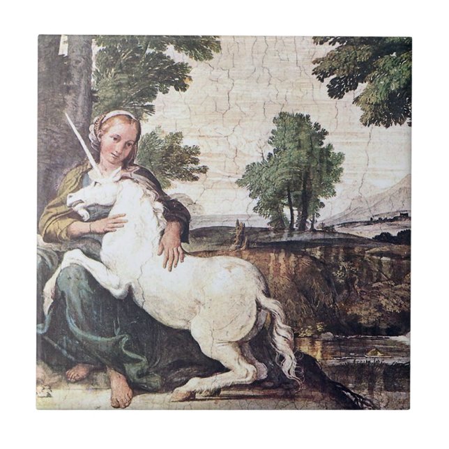 Maiden and Unicorn Tile by Domenichino circa 1602 (Front)