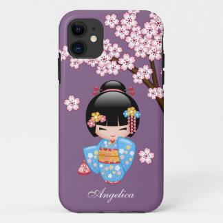 Maiko Kokeshi Doll - Blue Kimono Geisha Girl iPhone 11 Case