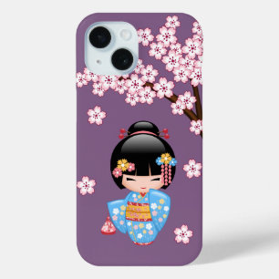 Maiko Kokeshi Doll - Blue Kimono Geisha Girl iPhone 15 Case