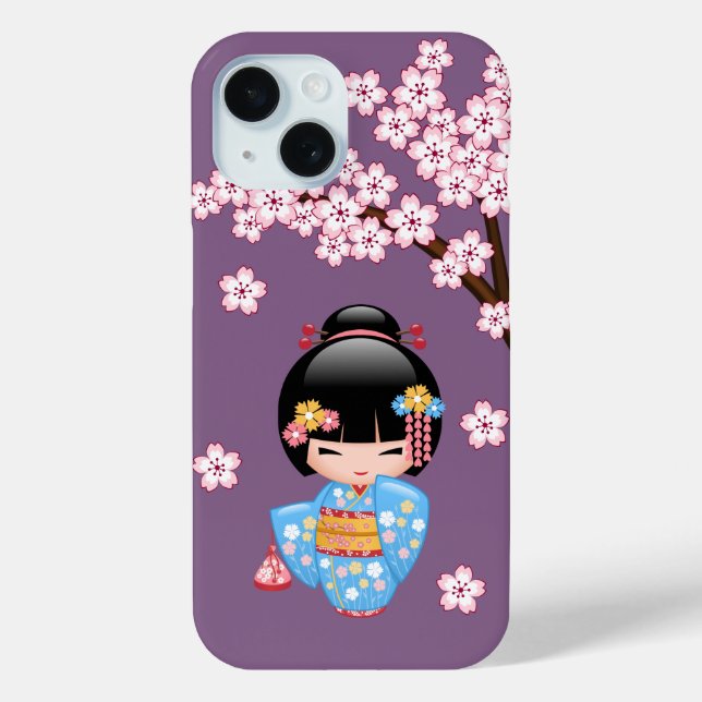 Maiko Kokeshi Doll - Blue Kimono Geisha Girl Case-Mate iPhone Case (Back)