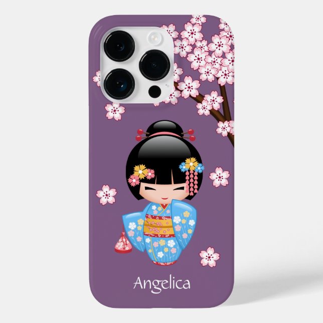 Maiko Kokeshi Doll - Blue Kimono Geisha Girl Case-Mate iPhone Case (Back)