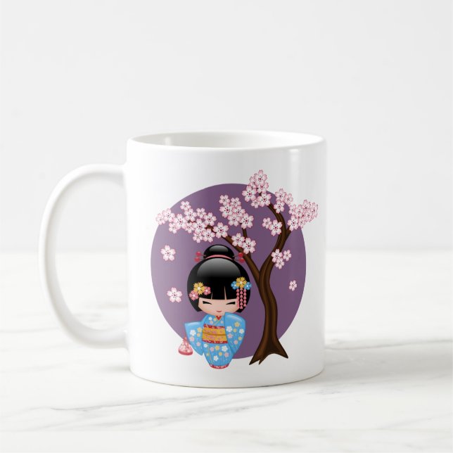Maiko Kokeshi Doll - Blue Kimono Geisha Girl Coffe Coffee Mug (Left)