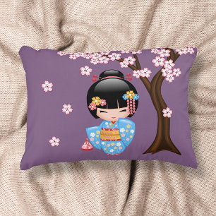 Maiko Kokeshi Doll - Blue Kimono Geisha Girl Decorative Cushion