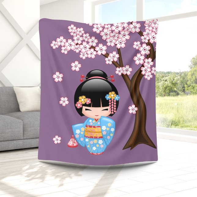 Maiko Kokeshi Doll - Blue Kimono Geisha Girl Fleece Blanket (Creator Uploaded)