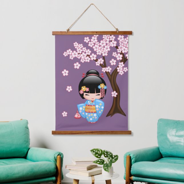 Maiko Kokeshi Doll - Blue Kimono Geisha Girl Hanging Tapestry (Living Room)