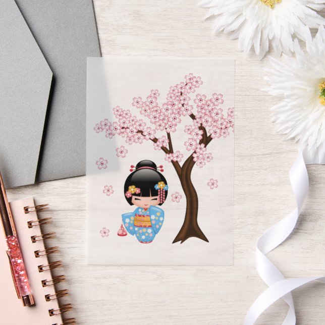 Maiko Kokeshi Doll Blue Kimono Geisha Girl Insert Vellum Invitations (Wedding)