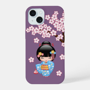 Maiko Kokeshi Doll - Blue Kimono Geisha Girl iPhone 15 Case