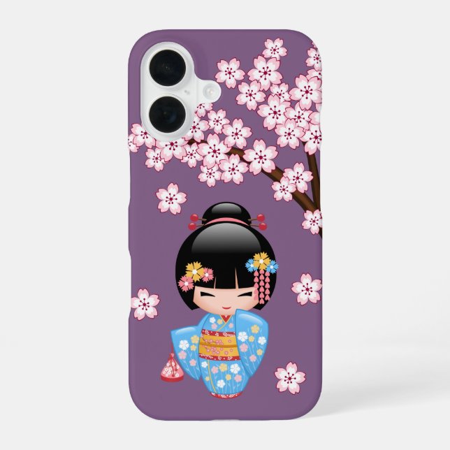 Maiko Kokeshi Doll - Blue Kimono Geisha Girl iPhone 16 Case (Back)
