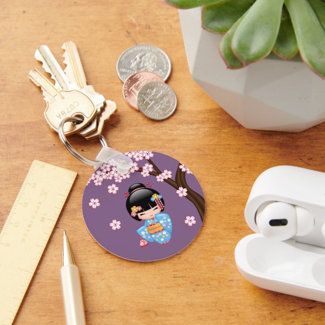 Maiko Kokeshi Doll - Blue Kimono Geisha Girl Key Ring (Desk)