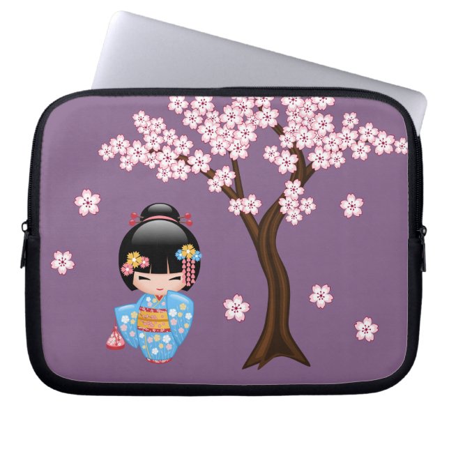 Maiko Kokeshi Doll - Blue Kimono Geisha Girl Laptop Sleeve (Front)