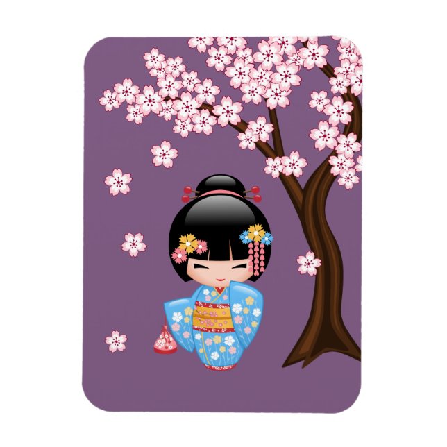 Maiko Kokeshi Doll - Blue Kimono Geisha Girl Magnet (Vertical)