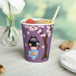 Maiko Kokeshi Doll - Blue Kimono Geisha Girl Paper Cups